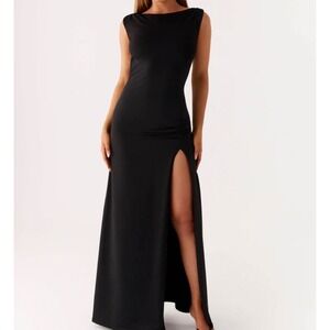 Pepper Mayo Black Sleeveless Open Back Maxi Dress Side Slit Formal Gown NWT